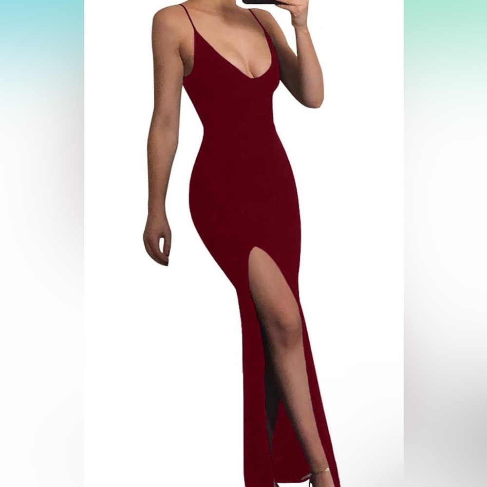 NWT Sexy Bodycon Split Spaghetti Strap V-neck Evening Party Long Dress Wine Red